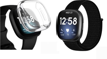 Strap-it Bundel geschikt voor Fitbit Versa 3 - Bundel van Nylon band & TPU Case - Zwart