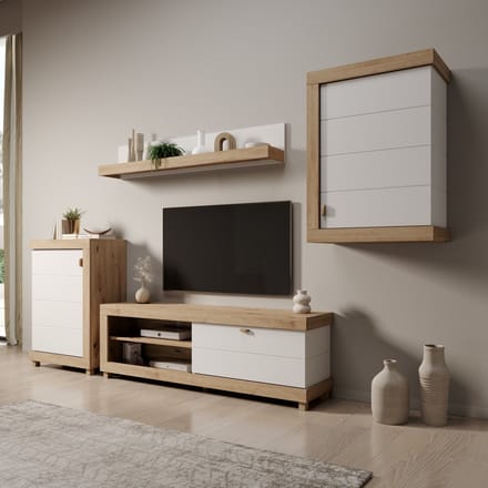 Meubella - Havero - Wandmeubel - Eikenpatroon/Wit - 297x35x180 cm
