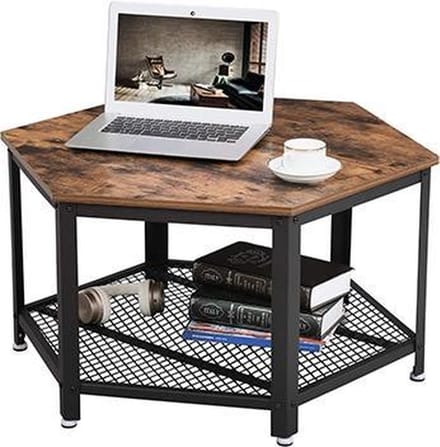 Salontafel - Zeshoekige Rustieke Look - Zwart Metaal - Vintage Bruin