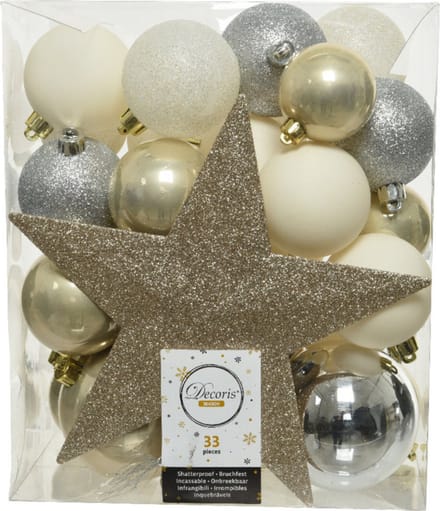 Decoris kerstballen set - 34-dlg - champagne/zilver/wit - incl. piek - kunststof - kerstversiering