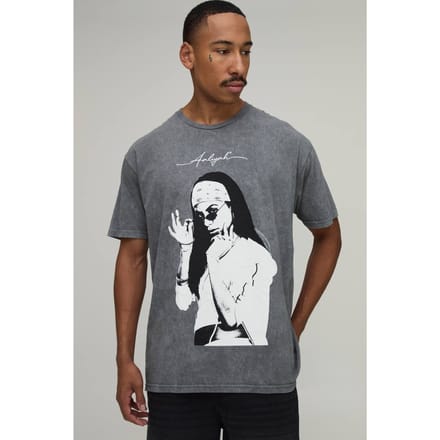 Oversized Gewassen Aaliyah Licentie Print T-shirt | Washed Charcoal | Size Small