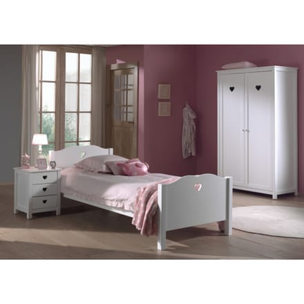 LUCEVI - Amori bed + Lattenbodem + Nachtkastje + 2 Deurs Kleerkast - Wit - 90x200 cm