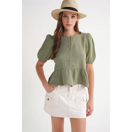 Getextureerde Mousseline Crew Neck Blouse met Knopsluiting