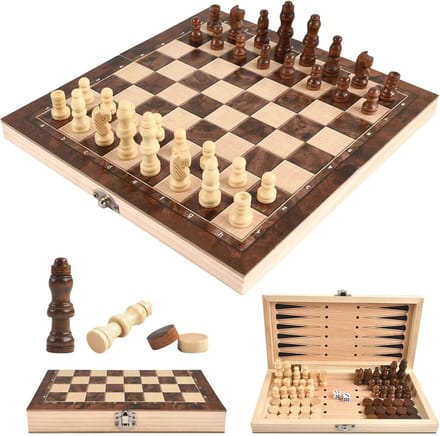 Houten Schaakspel 3-in-1: Schaak, Dames & Backgammon | Inklapbaar & Draagbaar | Perfect voor Binnen en Buiten