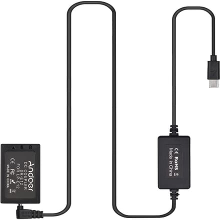 Andoer PD USB Type-C-kabel naar DR-E12 Dummy-batterij DC-koppeling LP-E12 Vervanging voor Canon EOS M2 zwart