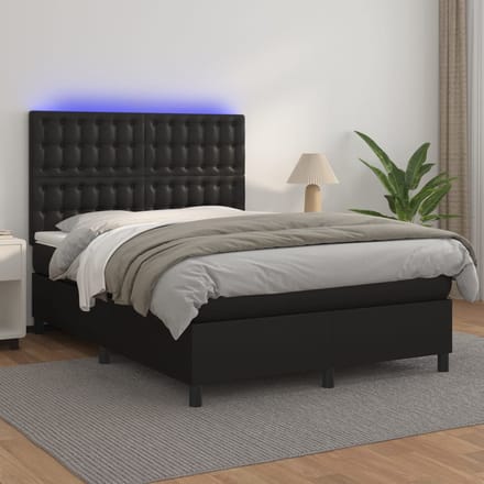 vidaXL - Boxspring - met - matras - en - LED - kunstleer - zwart - 140x190 - cm