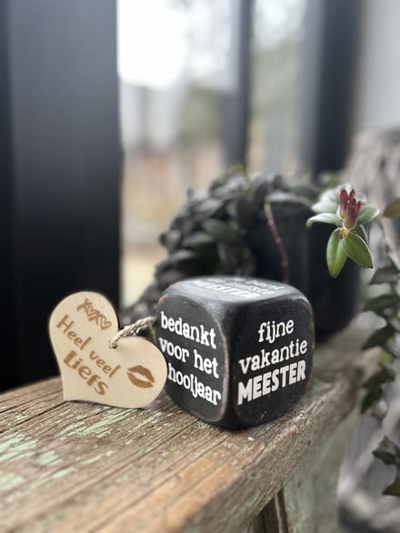 Creaties van Hier - dobbelsteen 8x8cm met houten hartje - Meester - School - zwart/wit - Hout