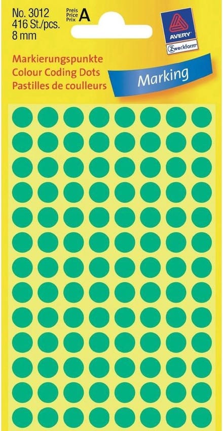 Etiket avery 3012 rond 8mm groen 416st | 10 stuks