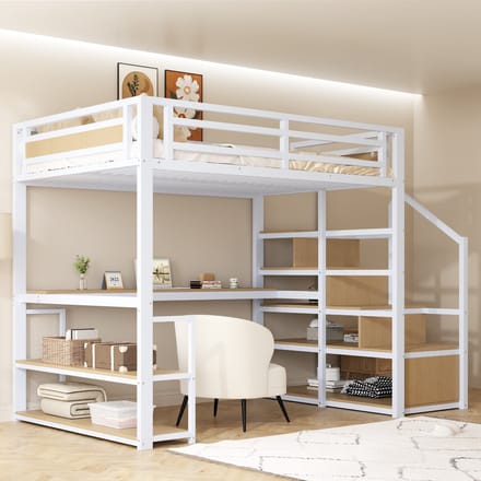 Sweiko Hoogslaper - 140×200 cm - Metalen frame - Met opbergplank - Bureau - Kinderbed - Wit