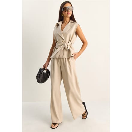 Hoge Taille Wijde Pijpen Co-ord Set met Sjaalkraag