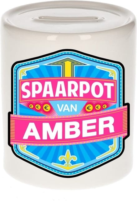 Bellatio Decorations Kinder spaarpot met naam - Amber - keramiek - met dop - wit - Sparen - Spaargeld van Amber