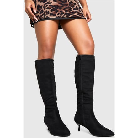 boohoo Dames Wide Fit Low Heel Pointed Toe Knee High Boots | Black | Maat: 4