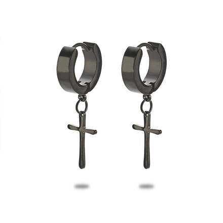 Twice As Nice Oorbellen in edelstaal, oorring met kruis, zwart