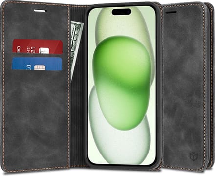 Hoesje geschikt voor Apple iPhone 15 Plus - Techsuit Confy Book Wallet Case - Zwart