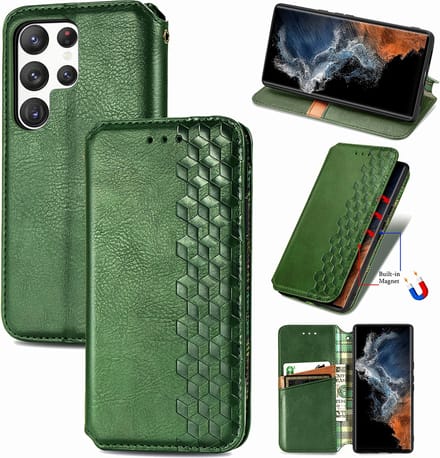 Luxe PU Lederen Ruitpatroon Wallet Case + PMMA Screenprotector voor Galaxy S23 Ultra_ Groen