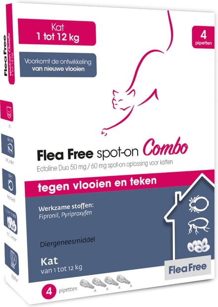 Flea Free Spot-On Combo Kat - Anti vlooien en tekenmiddel - 4 pip 1 Tot 12 Kg