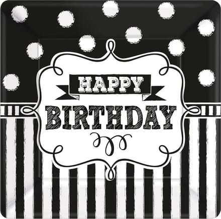 8 borden zwart/wit Happy Birthday vierkant karton 25,4cm