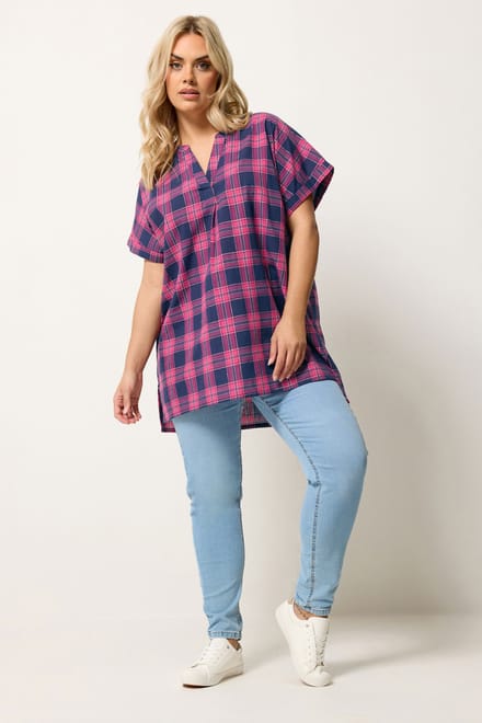 Yours Roze Geruite Geplooide Top Size 42