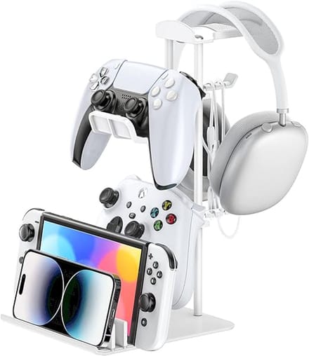 Gaming Headset Standaard met Controllerhouder – Aluminium Headphone Stand – Houder voor 2 Controllers, Headset & Smartphone – Kabelmanagement – Universele Gaming Accessoire