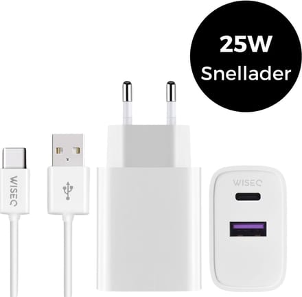 USB en USB C oplader - geschikt voor iPhone 17 / iPhone 16 / iPhone 15 - Dubbele adapter snellader met USB naar USB C oplaadkabel 2 meter - wit - WiseQ