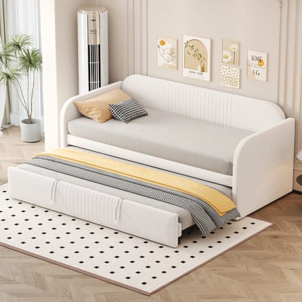 MODFU Bedframe 90x190 cm – beige linnen – uitschuifbaar slaapbank met hydrauliek en lattenbodem