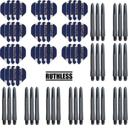 Darts Set - 10 Sets Ruthless Flights – dart flights – Donkerblauw – plus 10 sets Dragon – dart shafts – medium