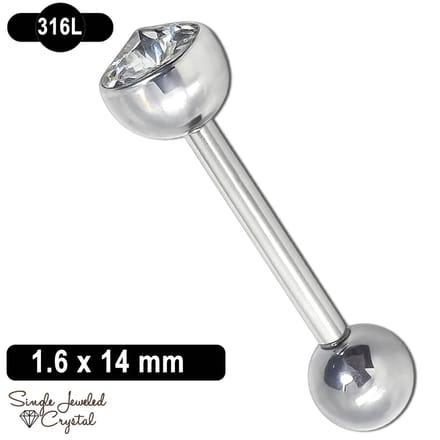 Tongpiercing - 1.6 x 14 mm - 316L Chirurgisch Staal - Barbell - Cone Kristal - Clear