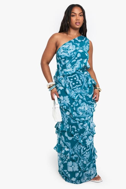 boohoo Dames Plus Tile Print Chiffon Asymmetrische Maxi-jurk | Blauw | Maat: 54