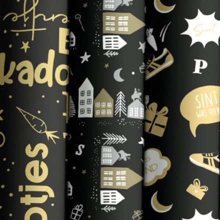Sinterklaas cadeaupapier zwart/goud, 200 x 70 cm, assorti