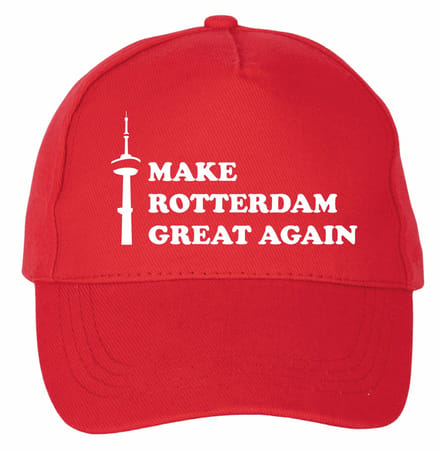 Mijncadeautje - 5 panel - Cap - Verstelbaar - Rode pet van 100% dik geborsteld katoen- unisex - opdruk wit - Make Rotterdam Great again