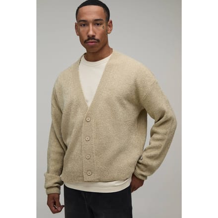 Relaxed Boxy Boucle Knitted Cardigan | Ecru | Size Medium