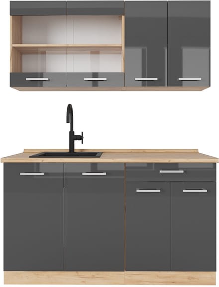 Vicco R-Line Eenpersoonskeuken – 140 cm, WB Eik Antraciet hoogglans/goud eiken