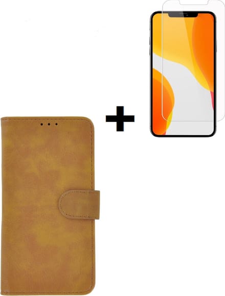 Geschikt voor iPhone 12 Mini Hoesje - iPhone 12 Mini Screenprotector - iPhone 12 Mini hoes Wallet Bookcase Bruin + Screenprotector