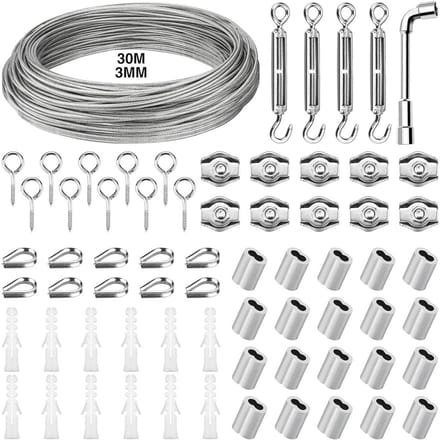 30 Meter RVS Staalkabel 3mm met Oogringen, Spanner en Klemmen - Sterk en Weerbestendig