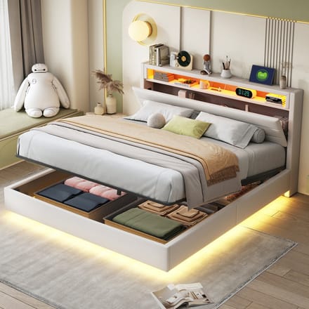 MODFU Bedframe 160x200 cm – Met LED-verlichting, USB, hydraulische opbergruimte – Gestoffeerd linnen – Beige