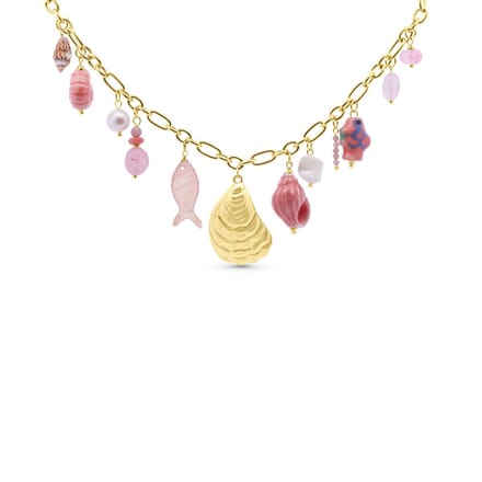 CO88 collection – 8CN-26495 – Ketting roze met zee-bedels & schelp – goudkleurig – 40+6 cm