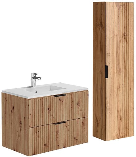 Vente-unique Geribbeld hangmeubel met inbouwwastafel en kolomkast - Lichte houtkleur - 80 cm - ZEVARA