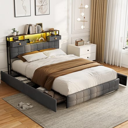Velvet Bed 140x200 met LED & USB-C – Grijs Tweepersoonsbed