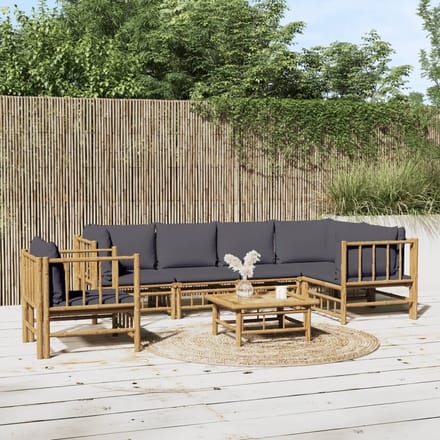 vidaXL - 7-delige - Loungeset - met - kussens - bamboe - donkergrijs