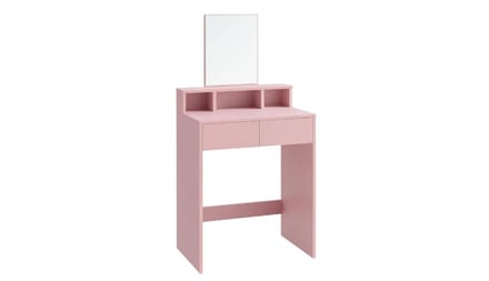 Make-uptafel met grote spiegel, kaptafel, 2 laden, 3 open vakken, cosmeticatafel, modern, pastelroze