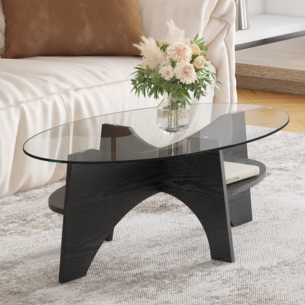 PHOEBE CAT Salontafel - Ovale bijzettafel - Glazen blad - Houtnerf - MDF frame - Zwart