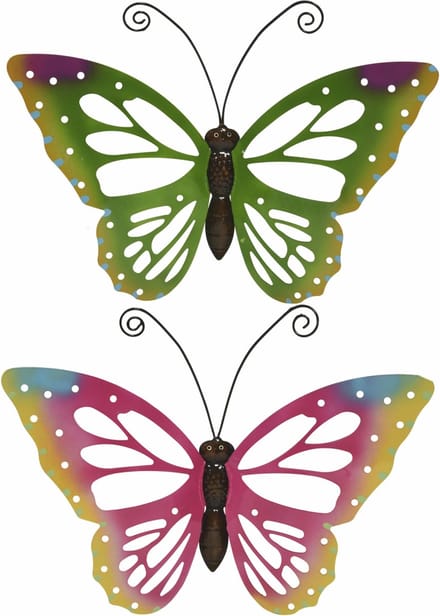 Decoris Tuindecoratie vlinders 2x metaal - groen roze - 51x38 cm - wand schutting decoratie