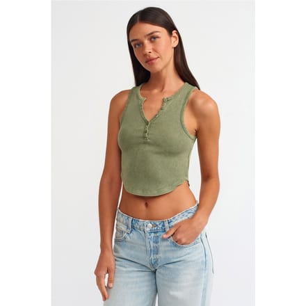 Dames Geribbelde Cropped Blouse Met Knopen