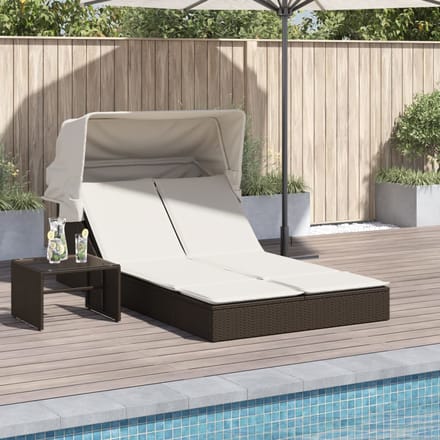 vidaXL - Ligbed - 2-persoons - met - luifel - en - kussens - poly - rattan - bruin