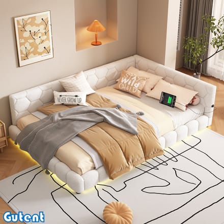Gutent Dagbed-140*200cm-Sofabed-Met Lattenbodem-Geen Matras-16 Kleuren Sfeerverlichting-USB-Interface-Type-C-Kunstwol-Wit