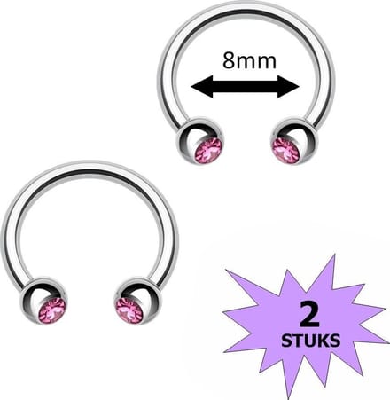 Fako Bijoux® - Circular Barbell Piercing - Hoefijzer Kristal Duo - 8mm - Roze - 2 Stuks