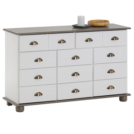 Ladekast COLMAR 120 cm met 11 lades van massief hout - Wit/taupe