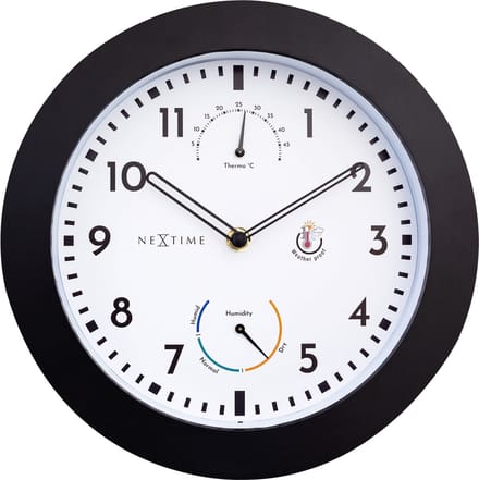 NeXtime Daisy – Weerstation Wandklok – 25.5 cm – Metaal – Zwart/Wit – Weerbestendig