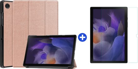 Hoes Geschikt voor Samsung Galaxy Tab A8 (2021/2022) Tri-Fold tablethoes + tempered glass screenprotector - Roségoud