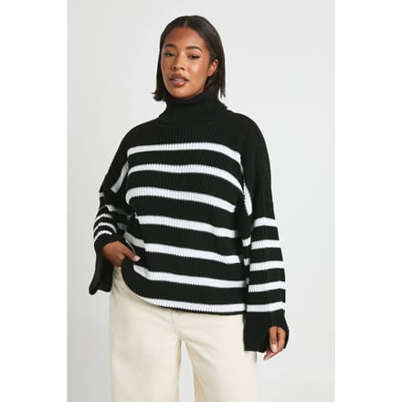 boohoo Dames Plus gestreepte rolkraag gebreide trui | Zwart | Maat: 48